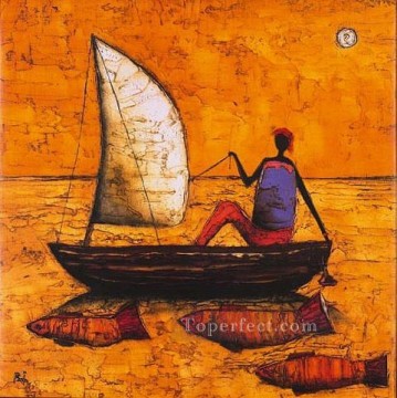 mujer pescadora y peces en amarillo africano Pinturas al óleo